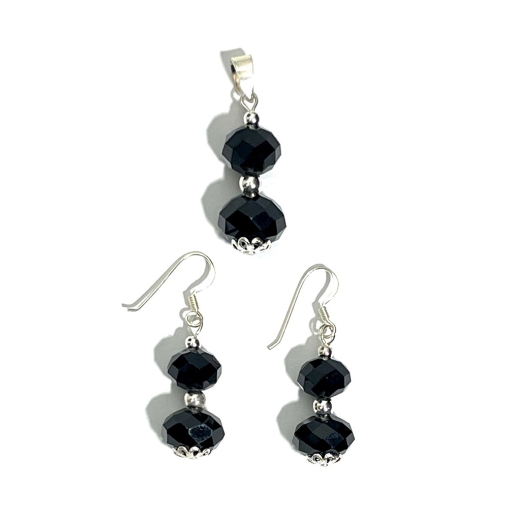 New Sterling Silver Faceted Onyx Pendant & Earrings Set 925
